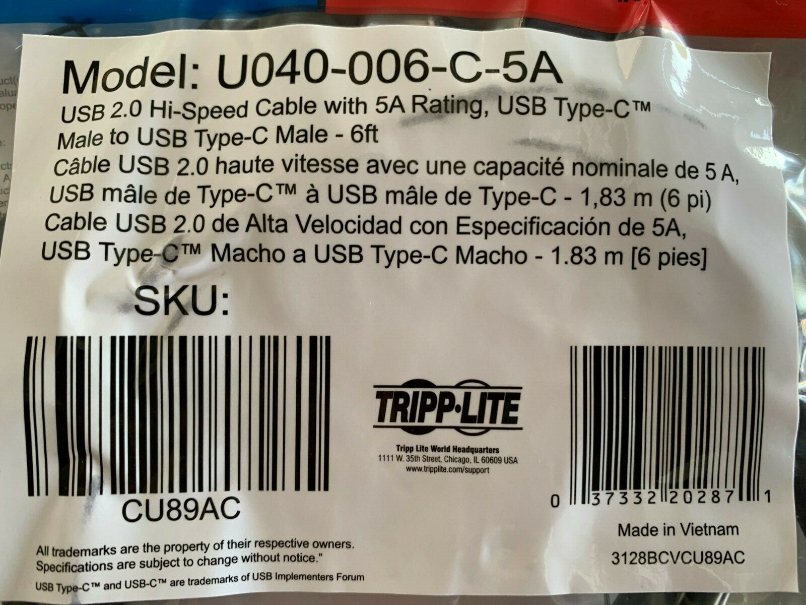 Tripp-Lite USB-C to USB-C Cable | 6 Feet | USB 2.0 Hi-Speed 5A | U040-006-C-5A