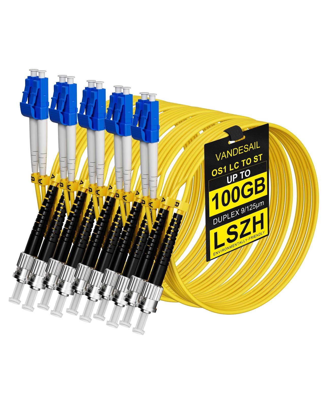 VANDESAIL 5 Pack LC to ST OS1 Fiber Patch Cable 2M 2M(6FT), Yellow