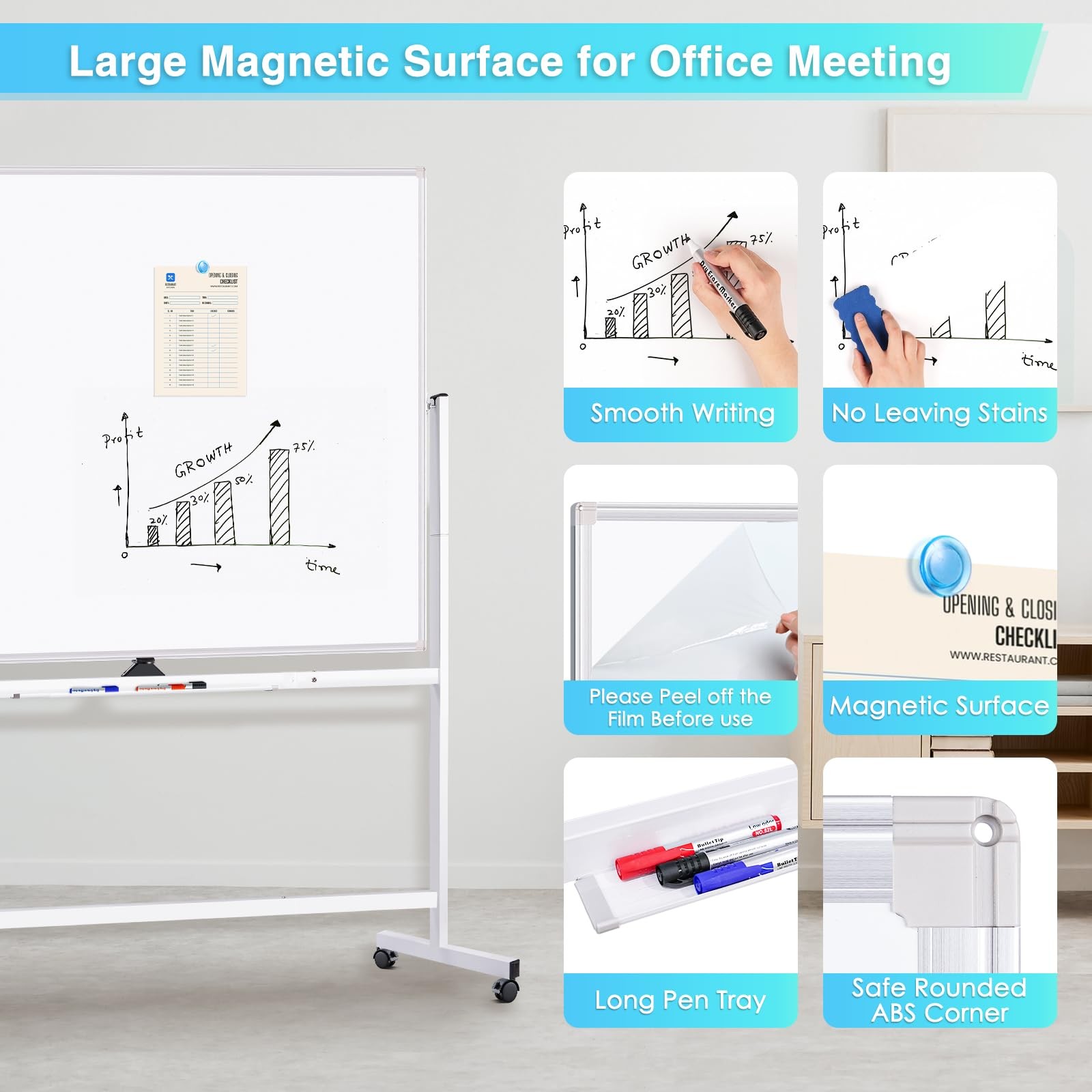 Whiteboard 60 x48 Double Sided Magnetic Dry Erase Silver Rolling maxtek 60×48