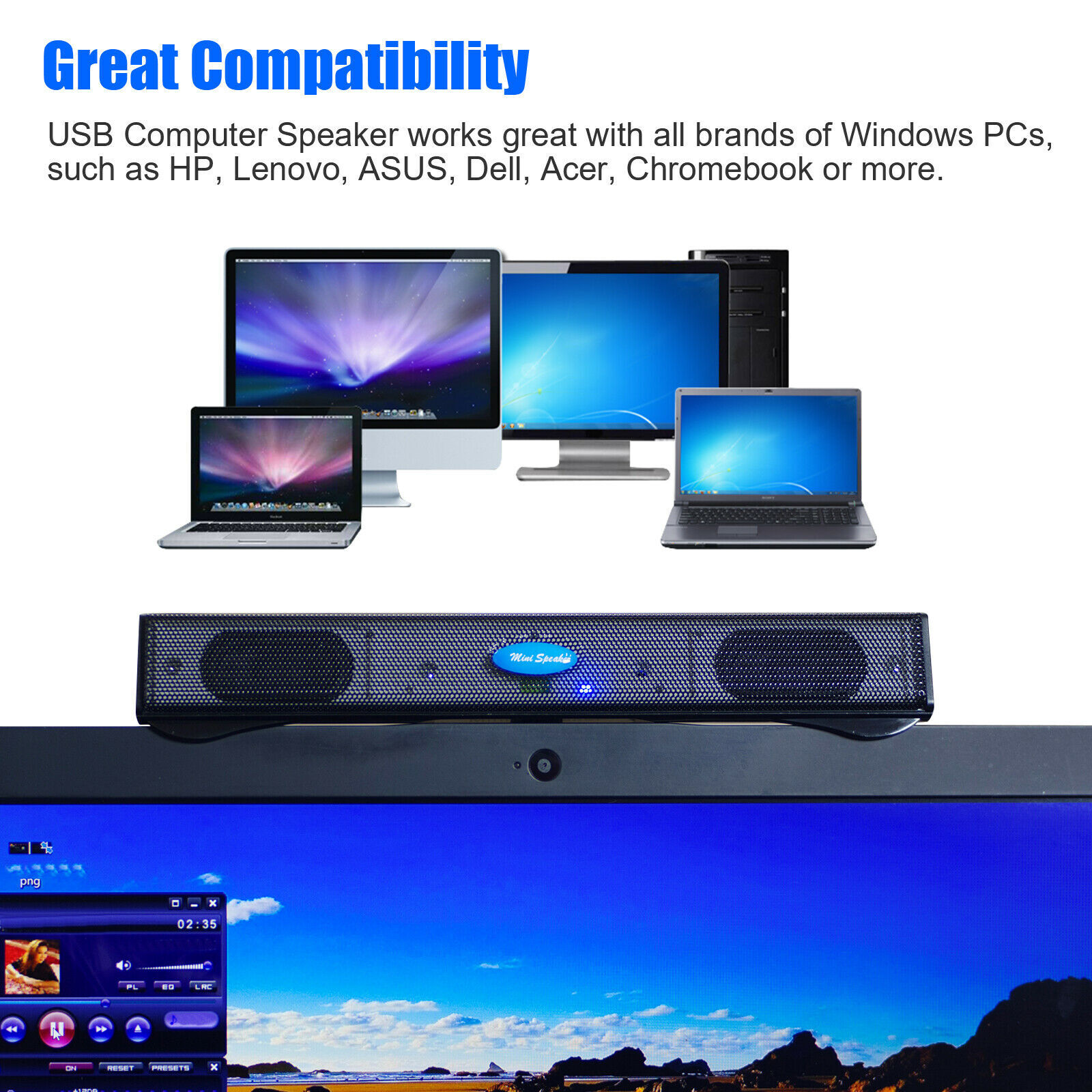 Wired USB Computer Speakers Stereo Sound Bar With Clip For PC laptop Desktop