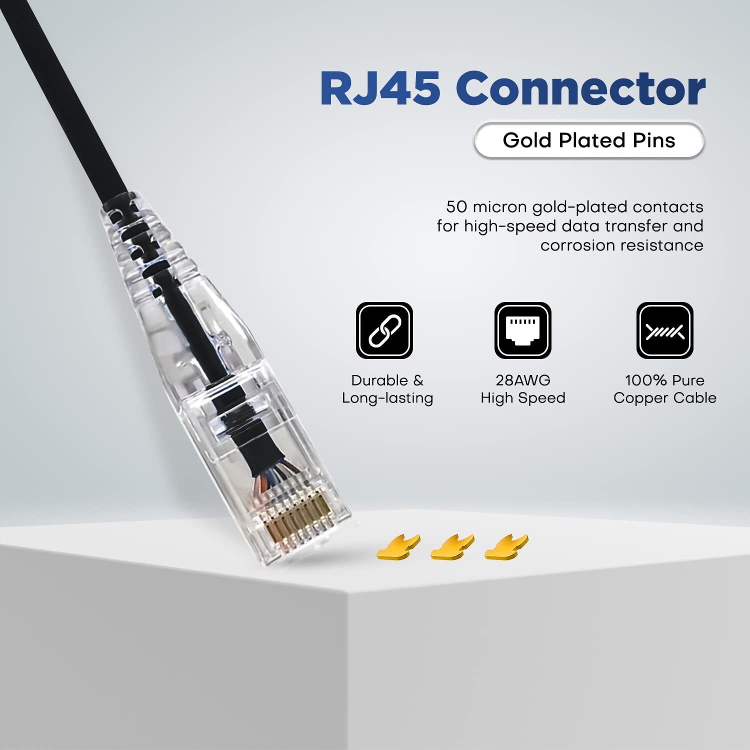 Cat6 0.5ft Patch Cable Slim 28AWG Pure Copper RJ-45 Ethernet Cable Blue 10Pack