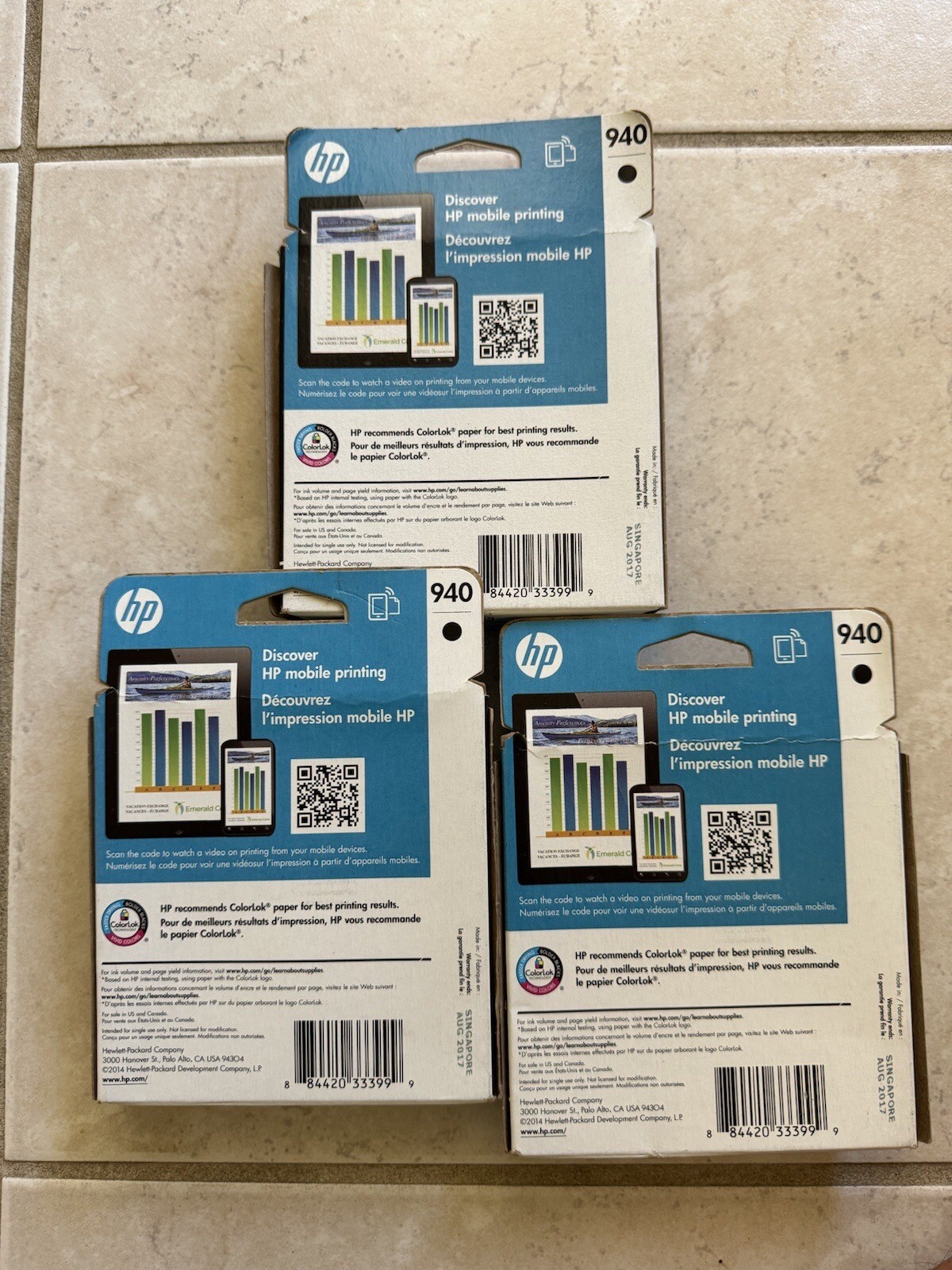 3 Pack Oem HP 940 Ink black Cartridge three lot combo C4902A Exp 2017