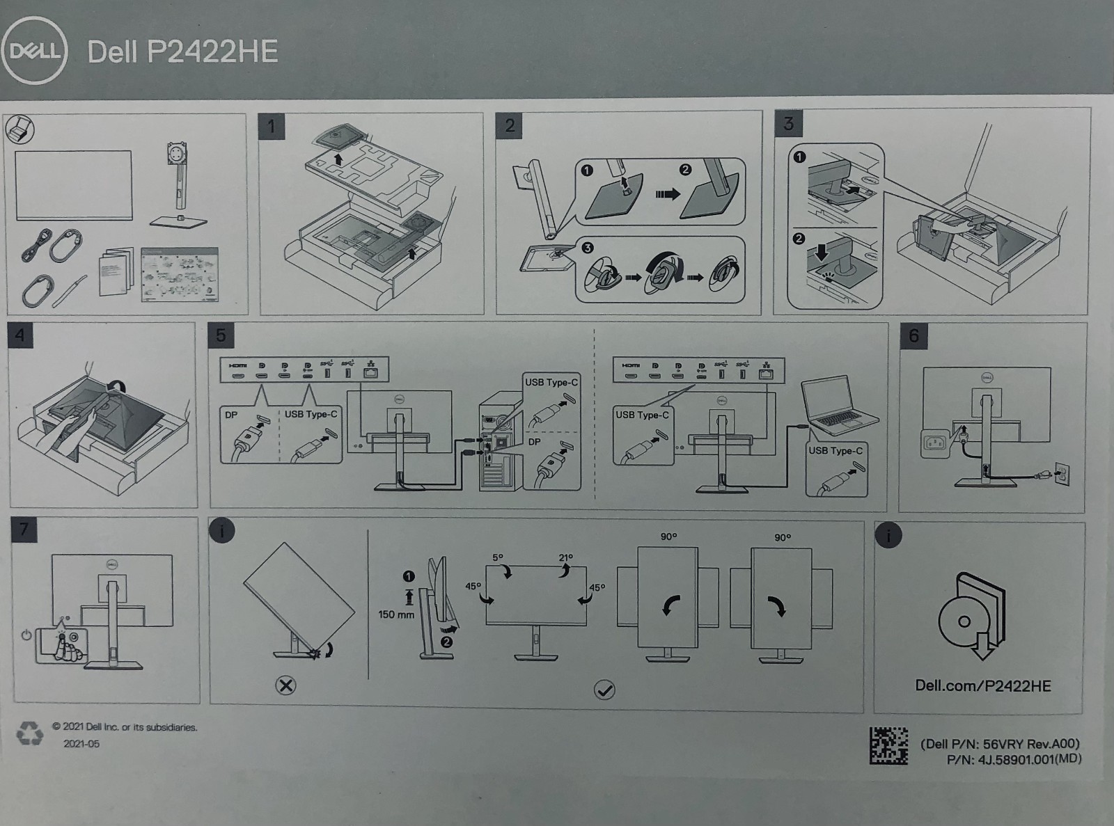 Dell P2422HE 24″ USB-C Hub Monitor 056D99 NEW