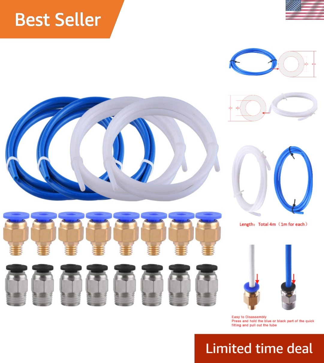 High-Temperature Resistant PTFE Tubing (1m) with Push Fittings for 3D Printing