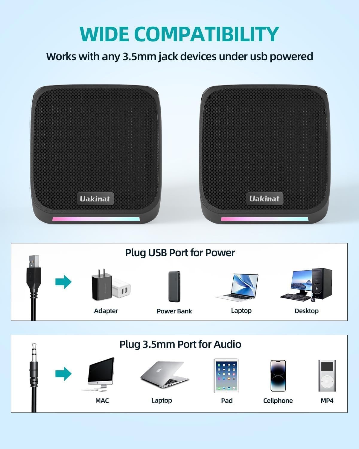 Plug-and-Play Portable desktop Speakers with 3.5mm Connection & Volume Control