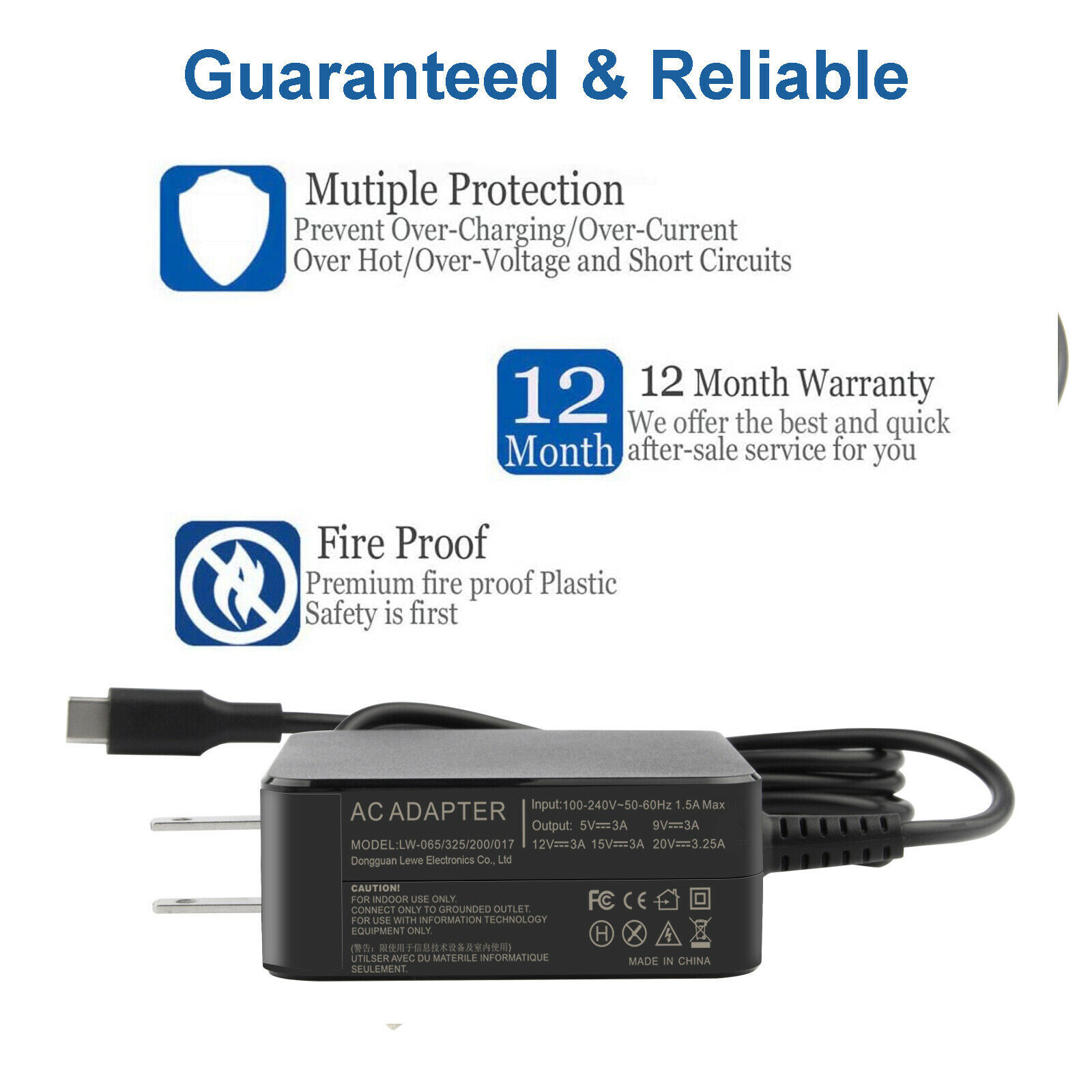 USB-C Type C Charger for Laptop Chromebook Tablet Phone PD 65W Universal Charger
