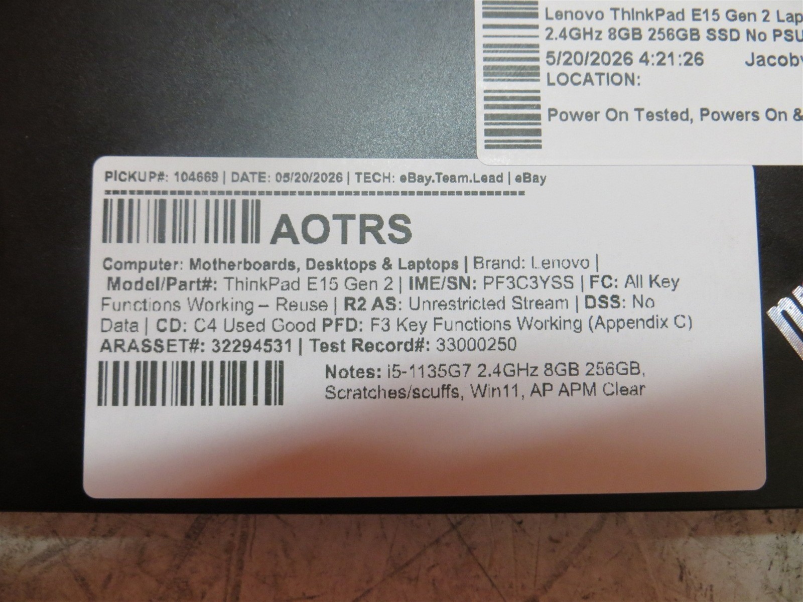 Lenovo ThinkPad E15 Gen 2 Laptop Intel i5-1135G7 2.4GHz 8GB 256GB SSD No PSU
