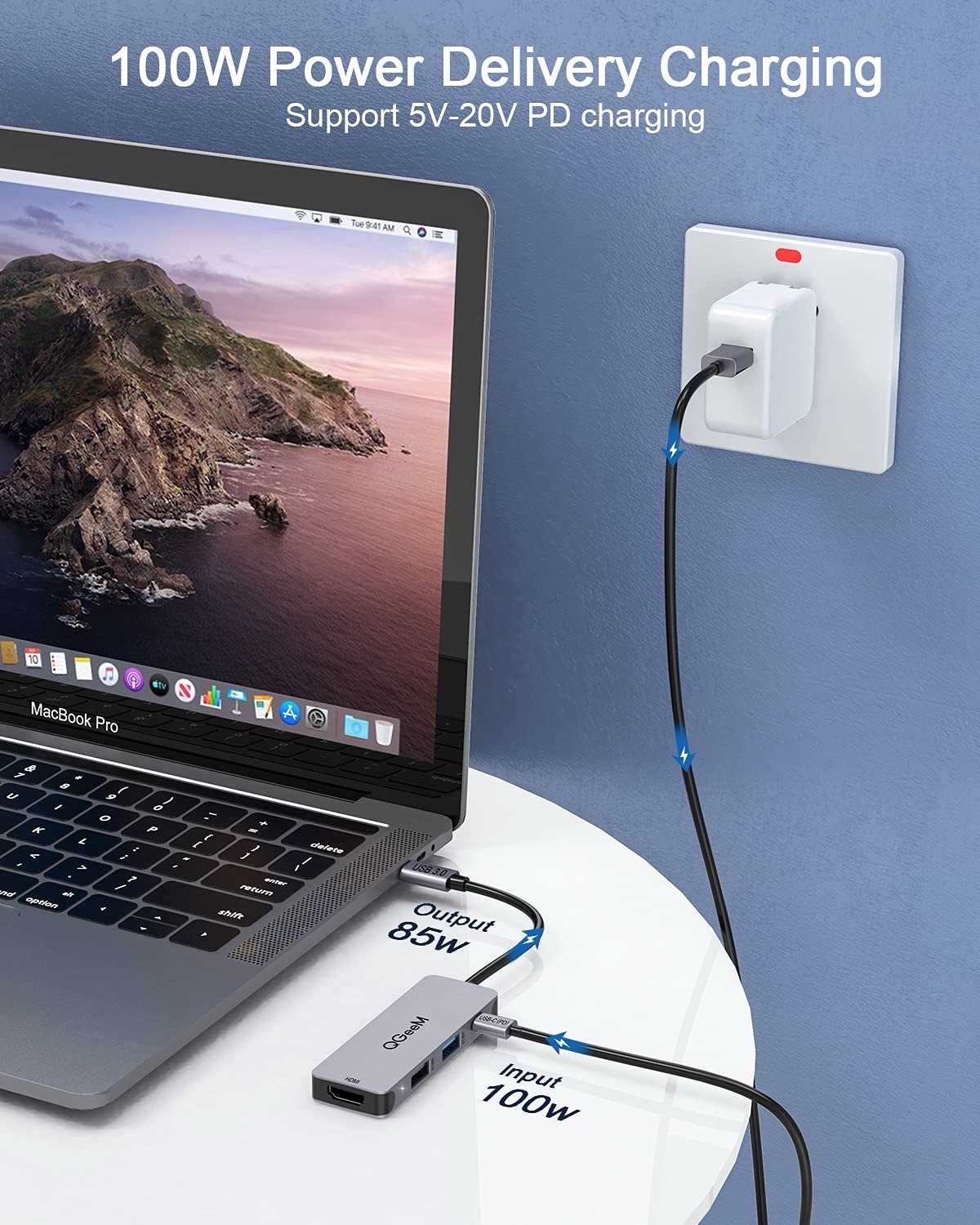 QGeeM 4-in-1 USB C Adapter with 4K USB C to HDMI Hub 100W Power Delivery USB 3.0