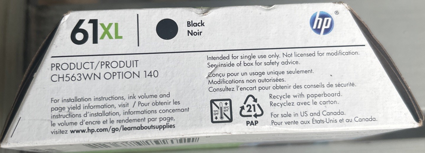 Genuine HP 61XL Black Ink Cartridge Malaysia MAR 2024 New Sealed
