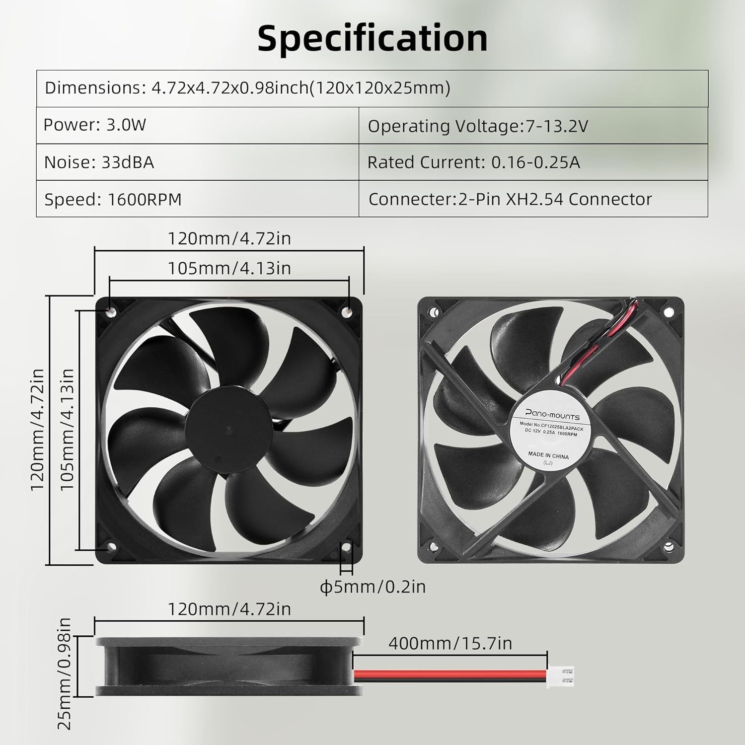 12V DC Fan Strong Quiet 120x120x25mm 12cm Small Cooling Fan 2Pin 2Wire 1600RP…