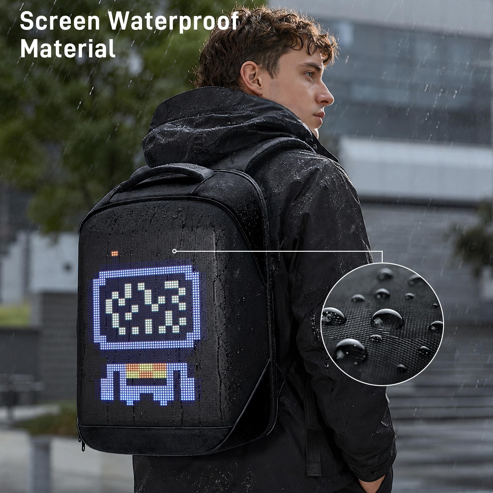 Programmable LED Laptop Backpack, Waterproof Travel Bag, App Control, 15.6″ Blac