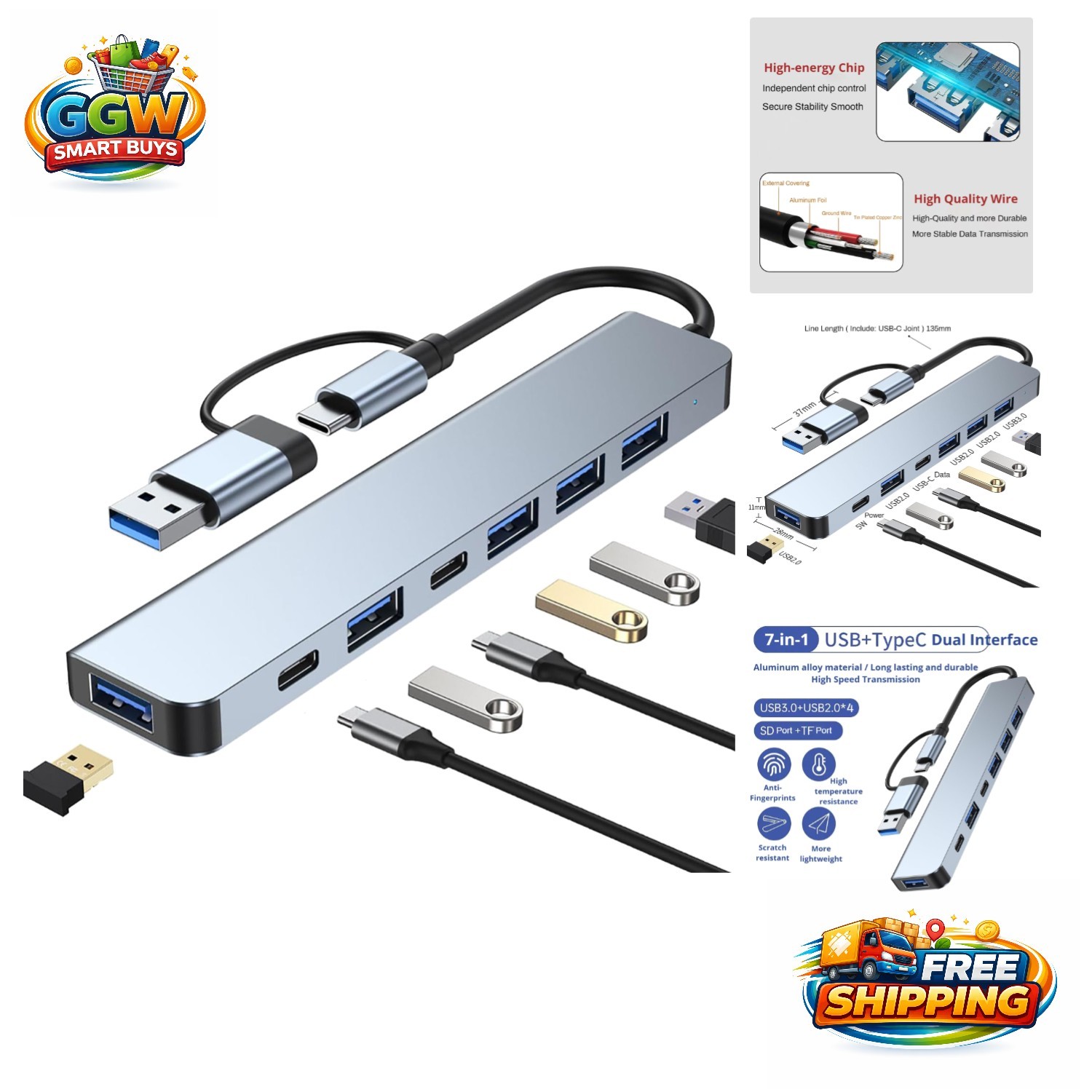 Ultimate 7 in 1 USB C Hub: Plug and Play Multiport Adapter for Laptop Efficiency