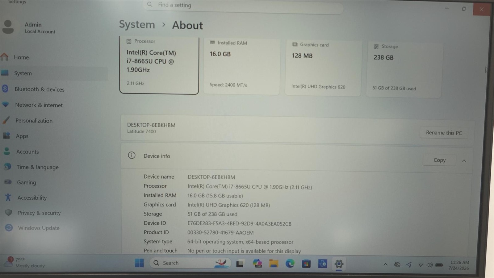 Dell Latitude 7400 14″ Core I7-8665U 1.90GHz 16GB 256GB SSD Laptop