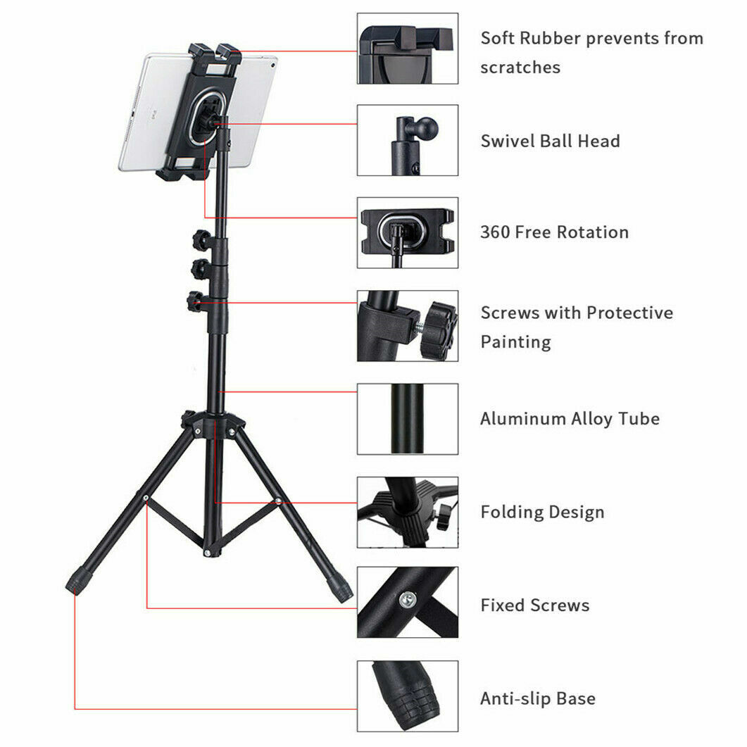 22-54″ Sturdy Tripod Floor Tablet Stand Cellphone Holder Fr 4.7-13″ Device W Bag