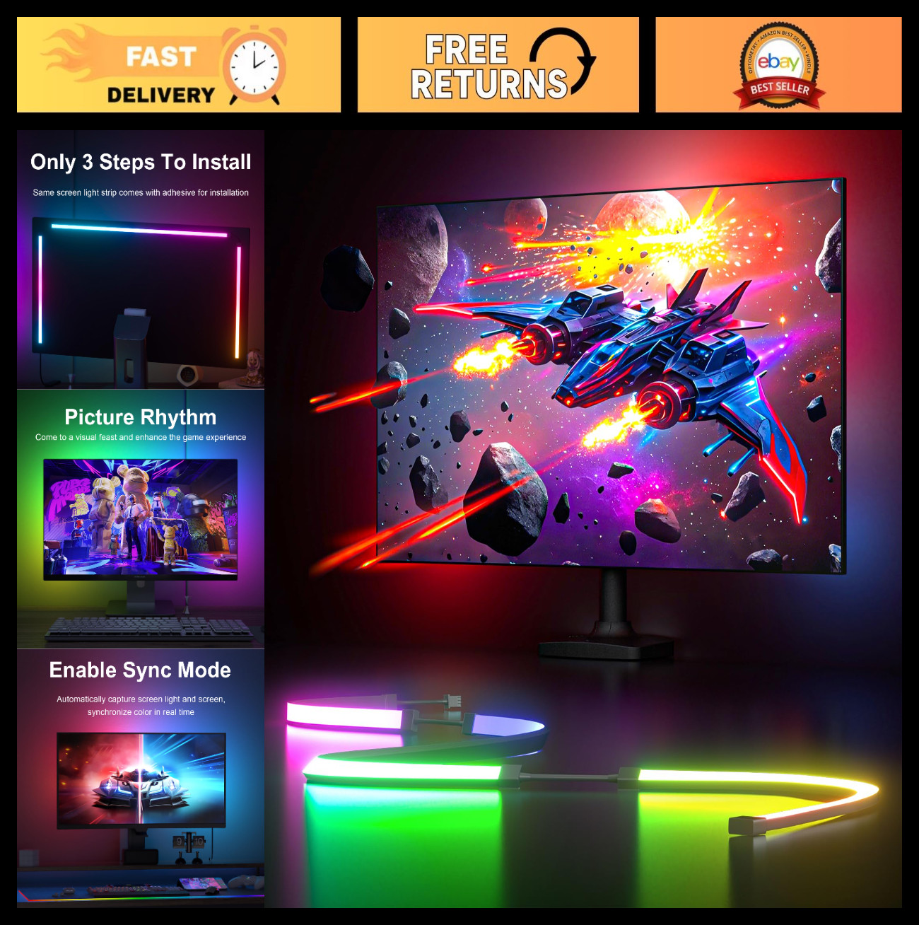 Gaming Monitor Backlight, Color Sync LED Light for 24″ PC Monitor, Windows Compa