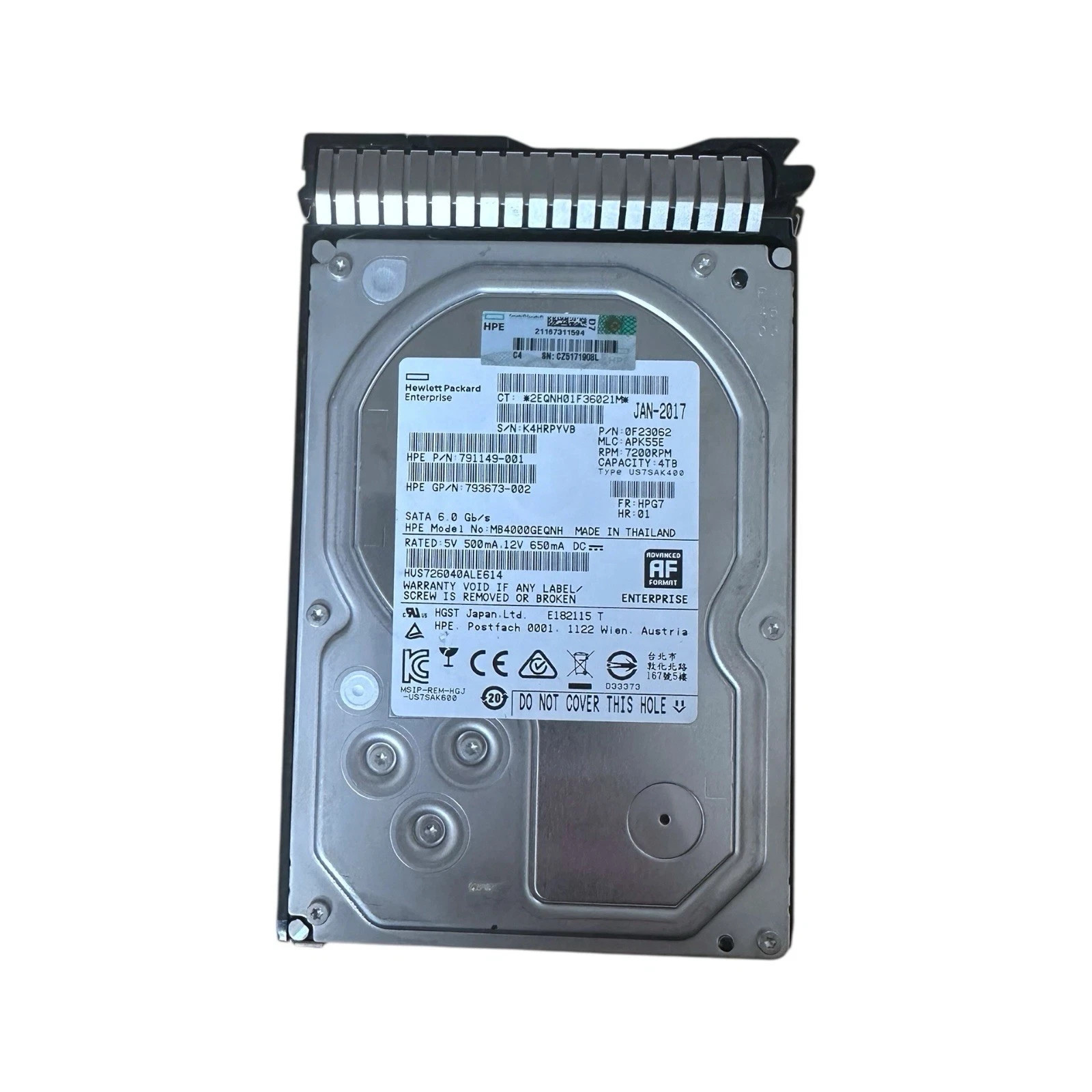 HP 4TB 3.5″ SATA 6G 7.2K HDD MB4000GEQNH 791149-001 793673-002 With Caddy Frame