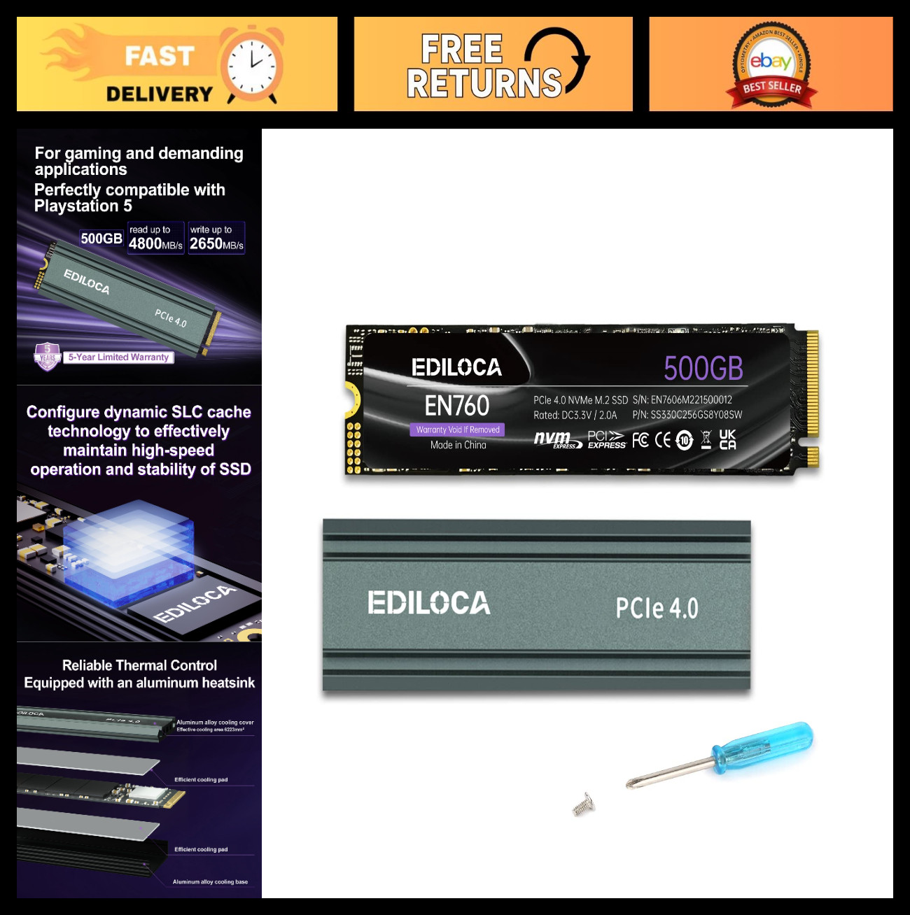 500GB M.2 NVMe SSD with Heatsink – PCIe Gen 4, 4800MB/s Read, PS5/PC Storage Upg