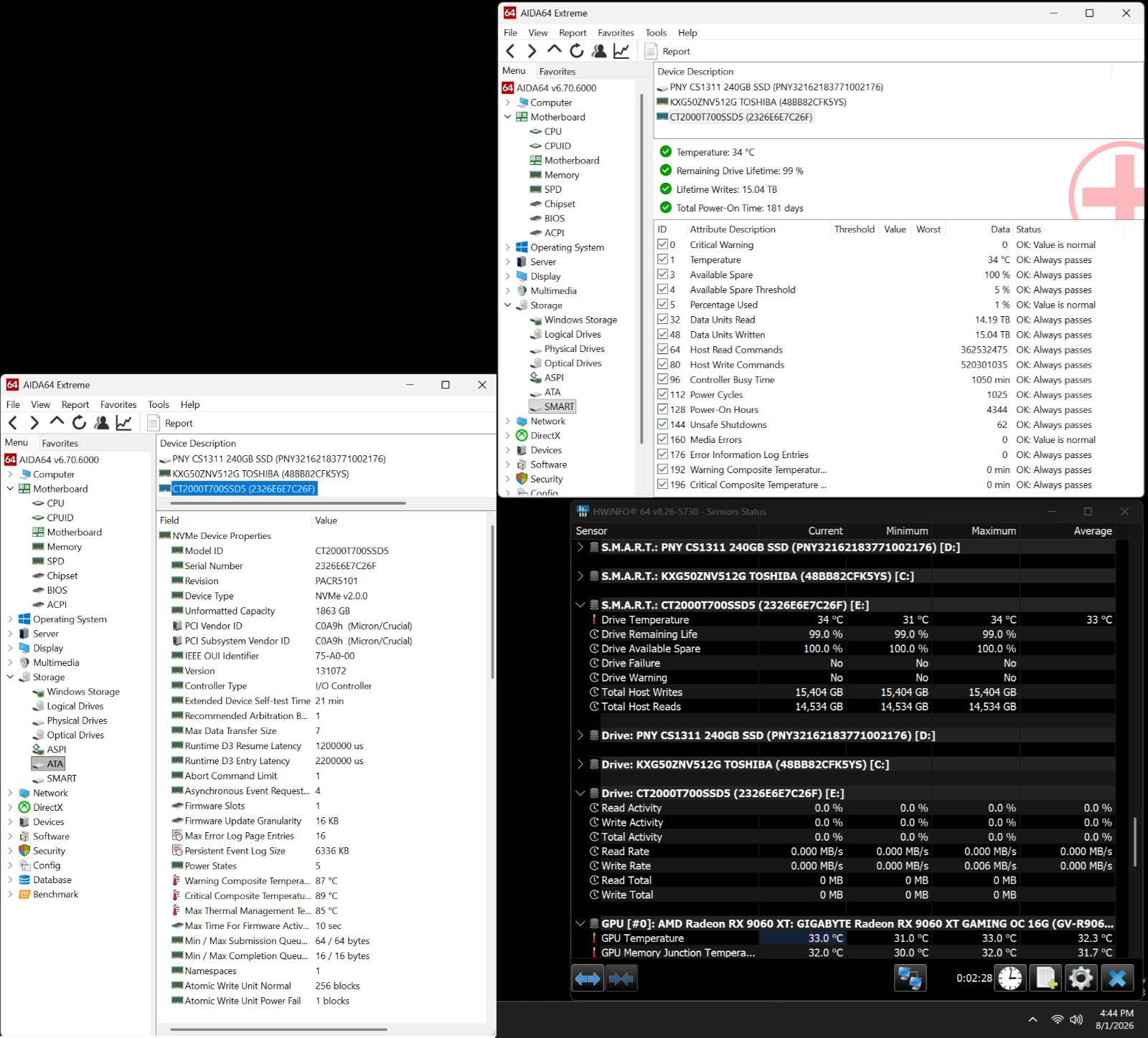 Crucial T700 2TB PCIe Gen5 NVMe M.2 SSD 2280 with Heatsink *99% Life*