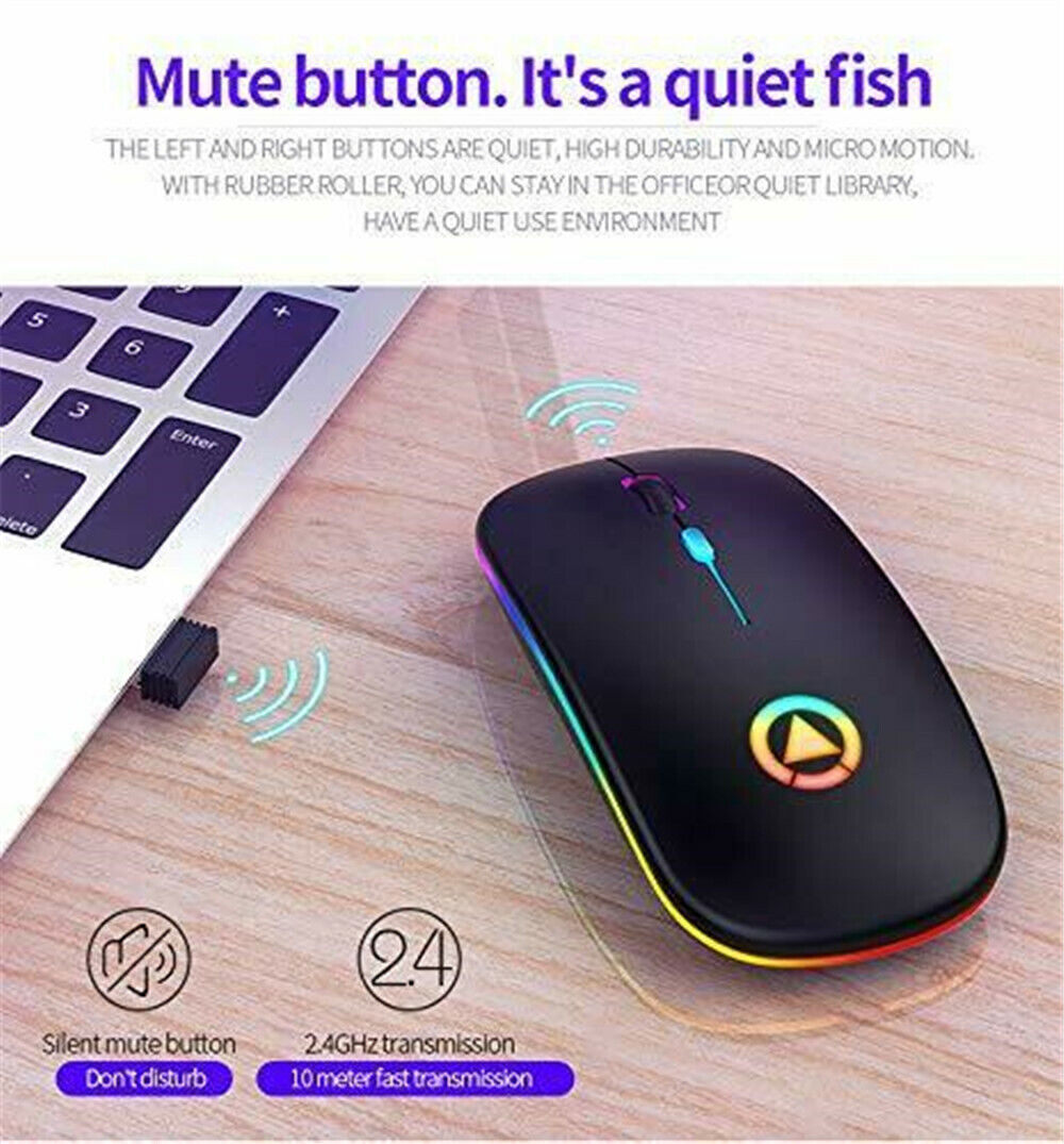 2.4GHz Wireless Optical Mouse USB Rechargeable RGB Cordless Mice For PC Laptop