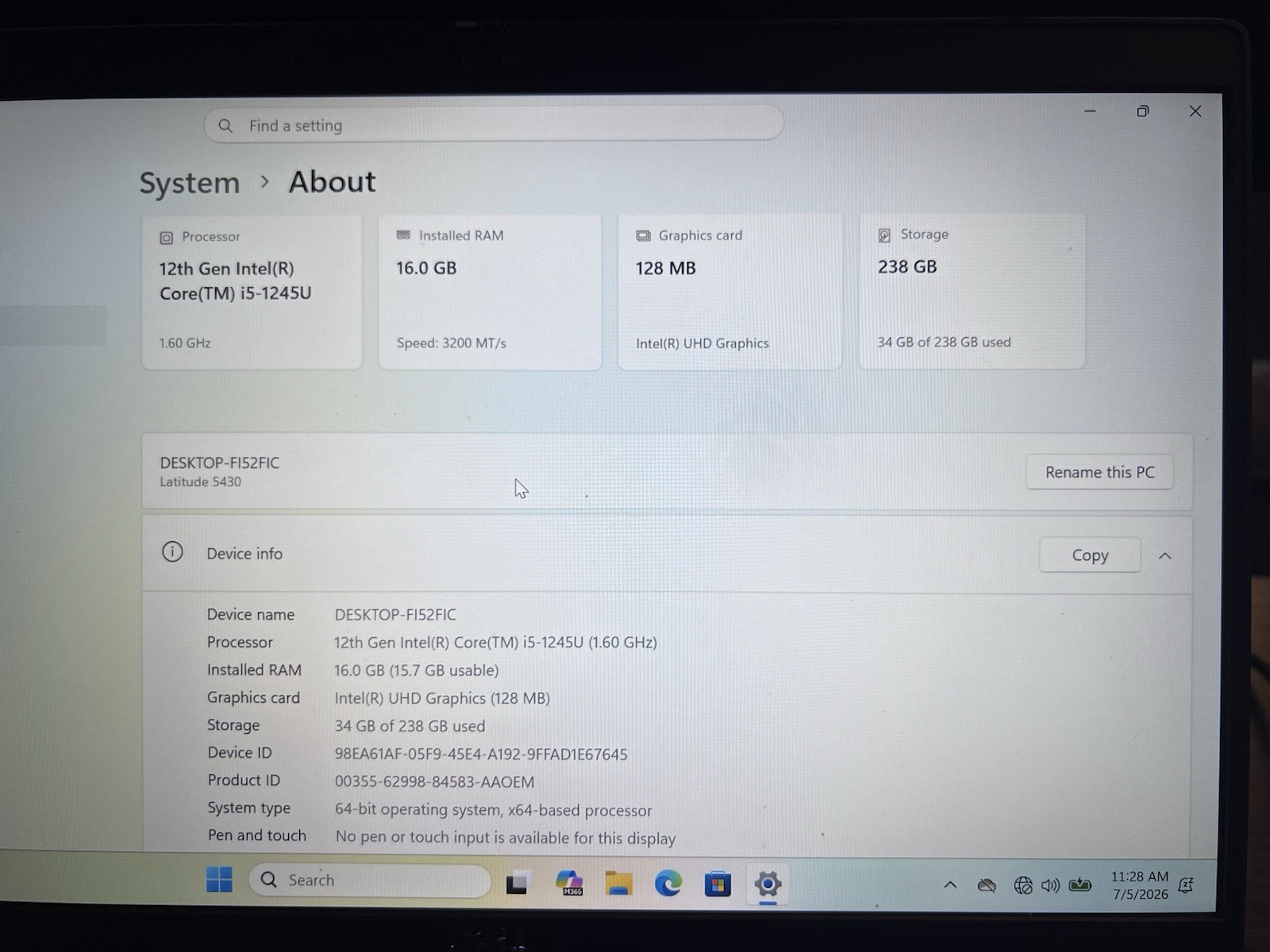 Dell Latitude 5430 14” Laptop Intel Core i5-1245U 1.60GHz 16GB RAM 256GB SSD
