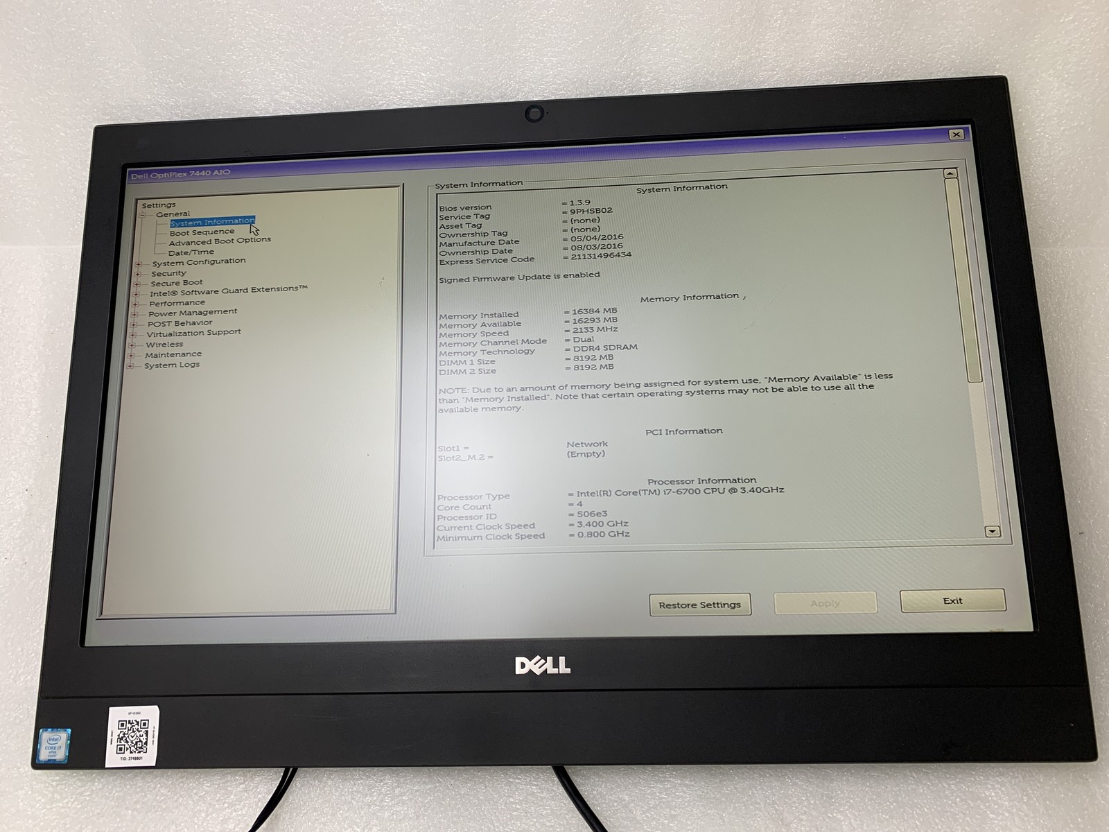 Dell OptiPlex 7440 AIO 23″ Core i7-6700 3.4GHz 16GB RAM 500GB HDD NO OS NO STAND
