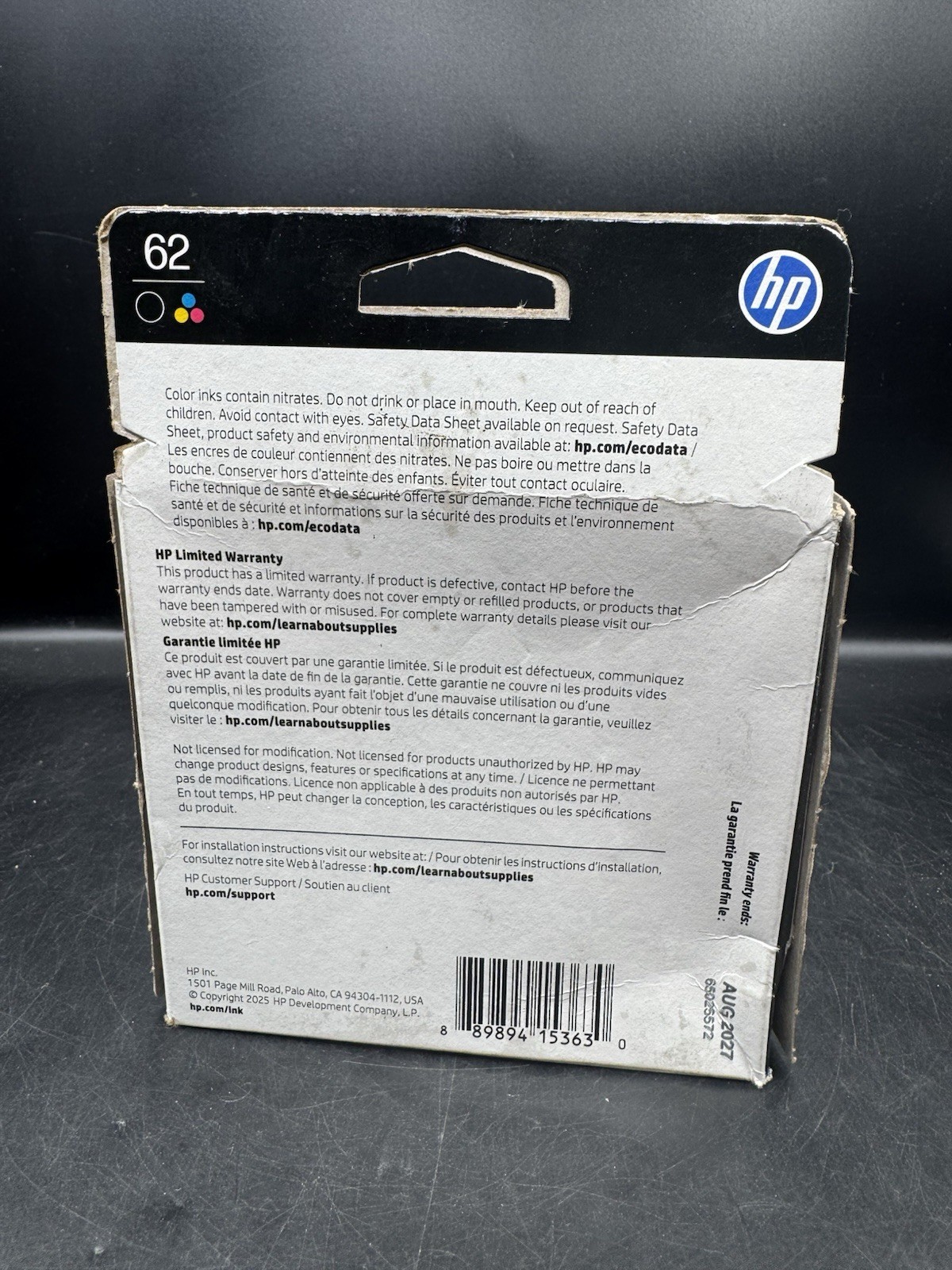 Genuine HP 62 Black & Tri-Color Ink Cartridges N9H64FN Dated 08/2027 New M