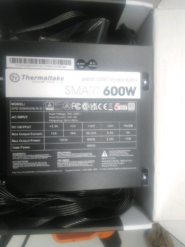 Thermaltake Smart 600W Semi-Modular ATX Power Supply Black 120mm Ultra Quiet Fan