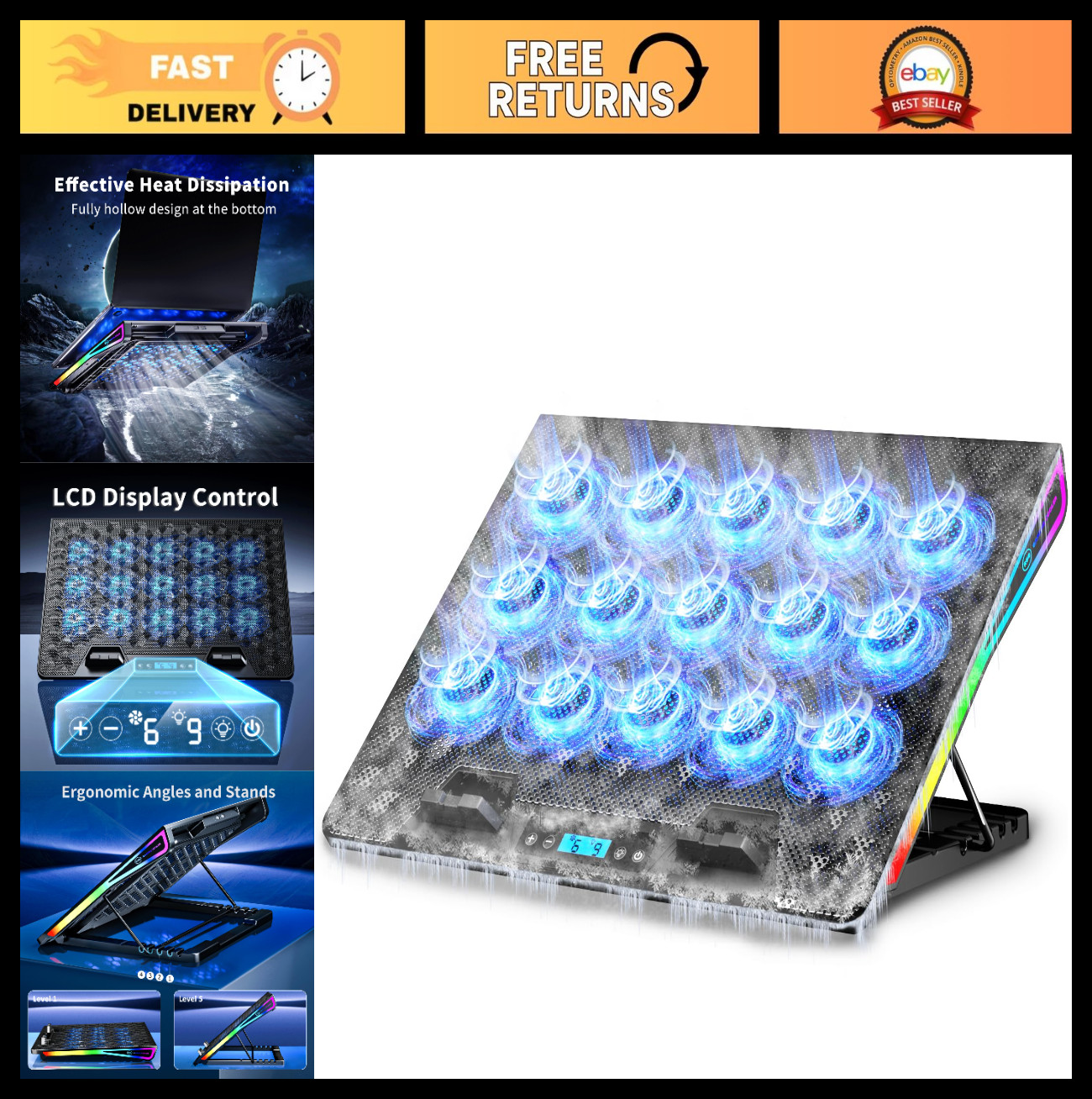 Ultimate Gaming Laptop Cooling Pad with 15 Fans, RGB Lights, Silent for 15-18″ L