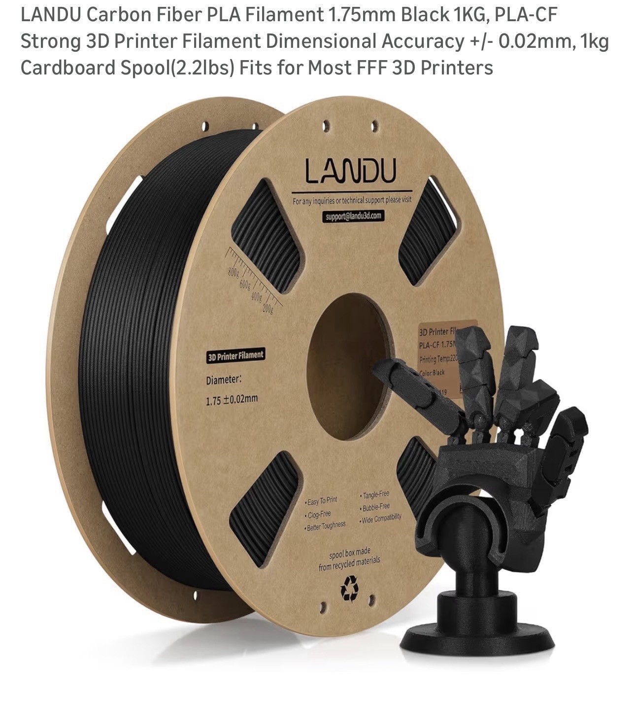 LANDU Carbon Fiber PLA Filament 1.75mm Black 1KG Strong 3D Printer Wound Spool
