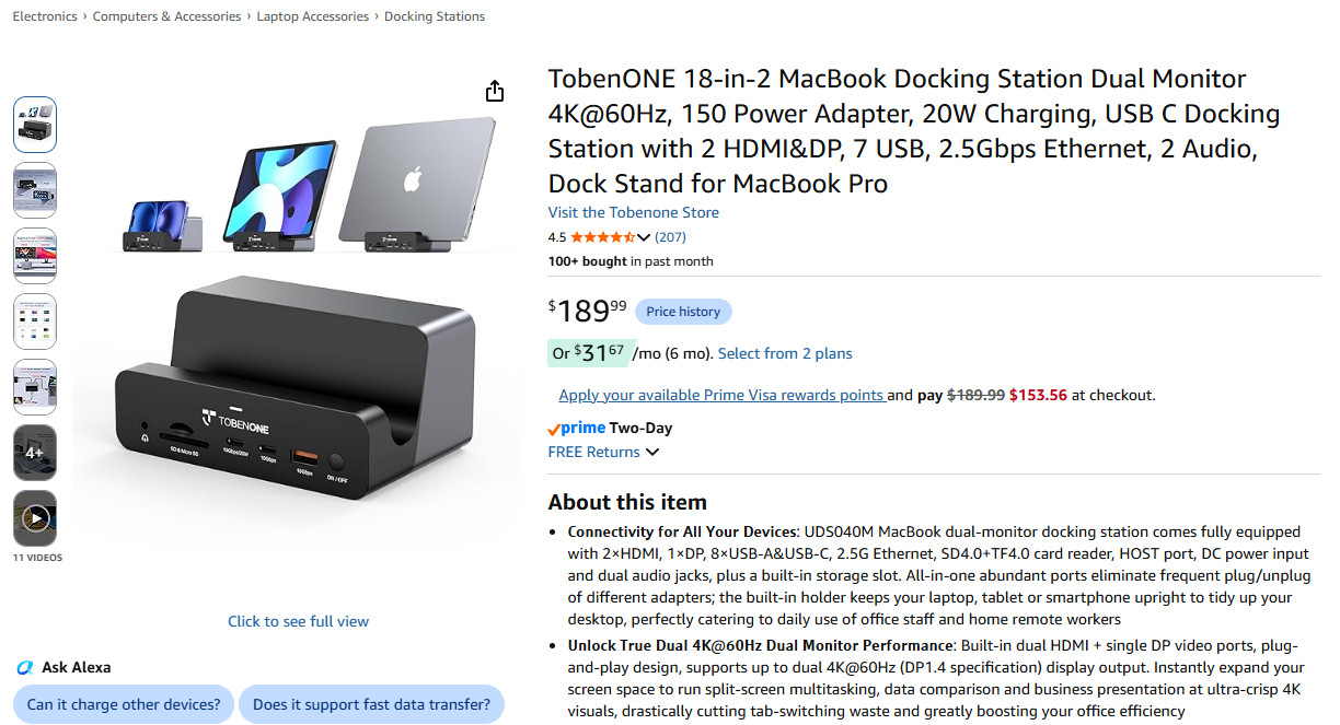 TobenONE 18-in-2 MacBook Docking Station Dual Monitor 4K@60Hz, 150 Power Adap…