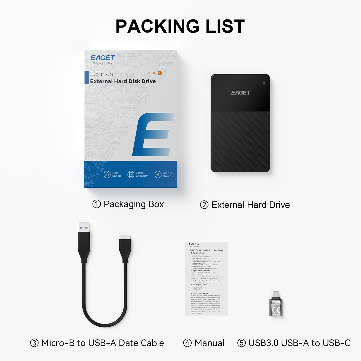 EAGET External Hard Disk Drive HDD USB 3.0 500GB 1TB Portable External 2.5″ G20C