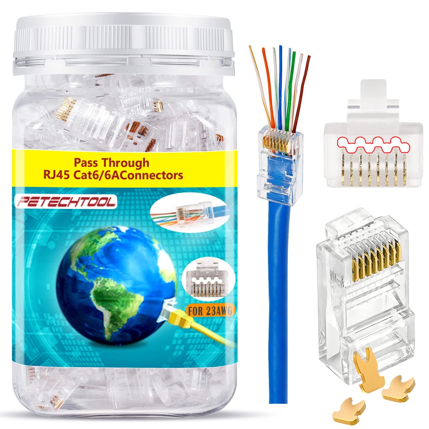 RJ45 23AWG Cat6a Cat6 Connector Gold Plated 8P8C Pass Through Ends UTP Network P