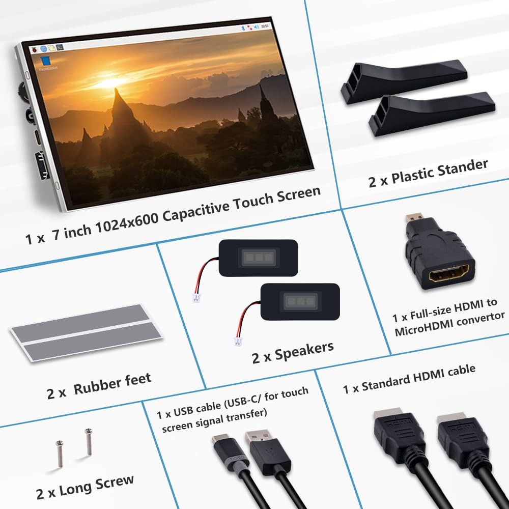 7 Inch Capacitive Touchscreen for Raspberry Pi, 1024×600 IPS LCD Display with…