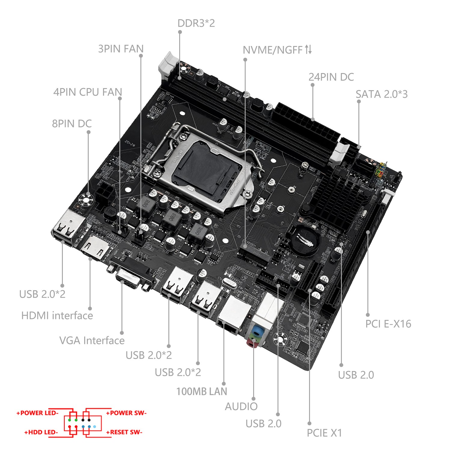 LGA 1155 H61 Motherboard M-ATX 2*DDR3 SATA/NVMe M.2 for Intel i3 i5 i7 CPUs