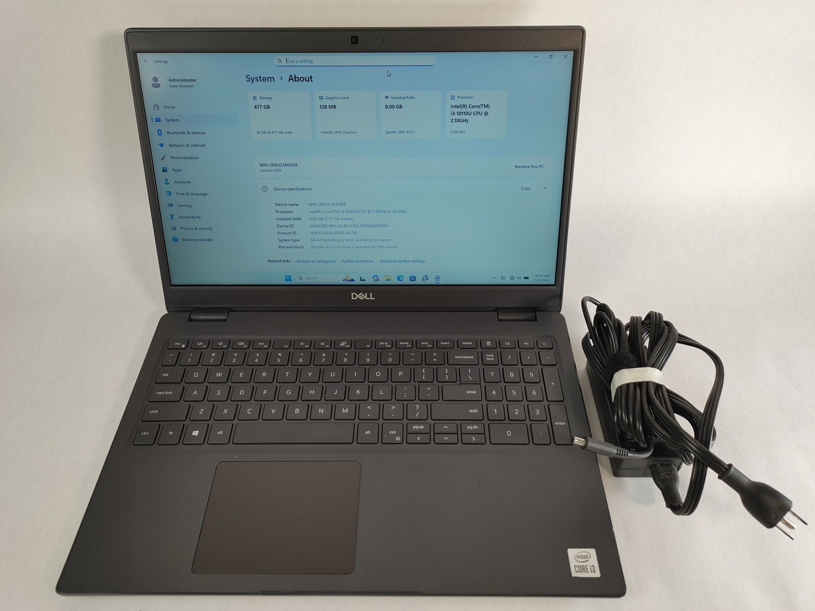 Dell Latitude 3510 Core i3-10110U 2.10 GHz 8 GB DDR4 512 GB M.2 Windows 11 Pro