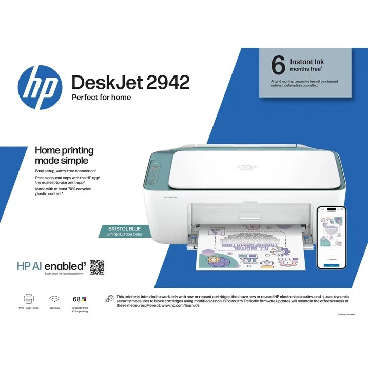 HP DeskJet 2942 Wireless All-in-One Color Inkjet Printer 6 Months Free Ink