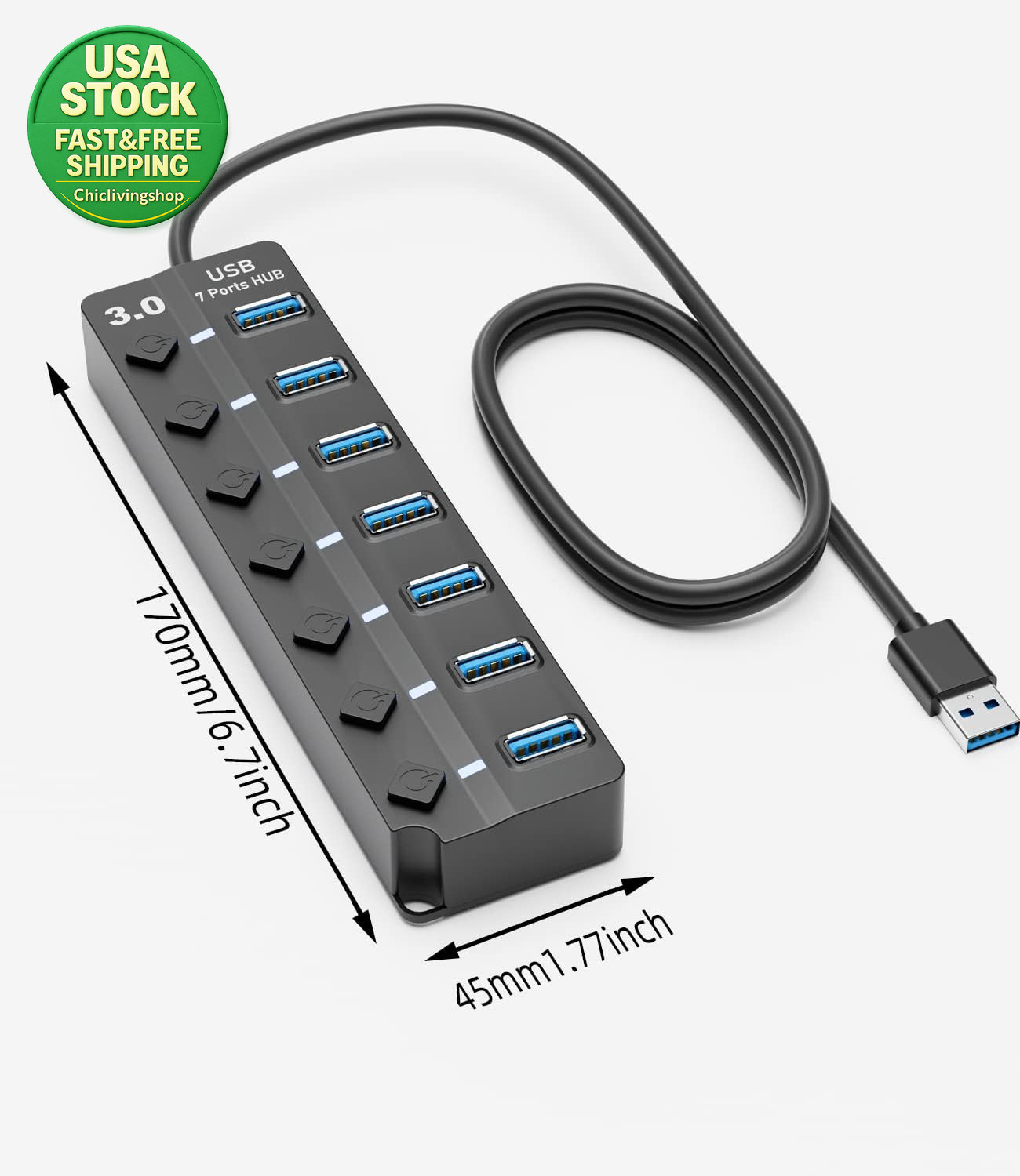 USB 3.0 Hub 7-Port Splitter 3Ft Cable Compatible with Laptop PC Surface Pro
