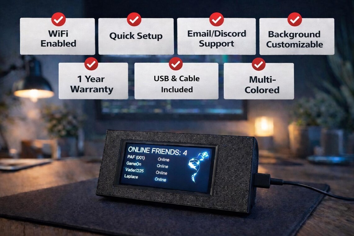 Steam Friends Display – Real-Time Gaming Desk Gadget, Desktop Tracker Device