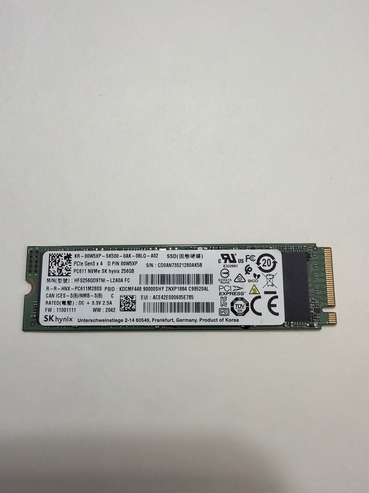 SK Hynix 256GB NVMe SSD PC611 80mm PCIe Gen3 x 4 HFS256GD9TNI-L2A0A FC