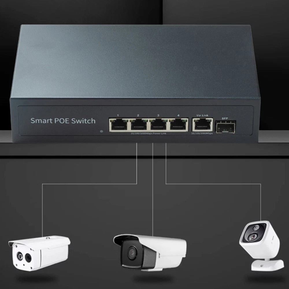 4Port Gigable POE Network Switch 100Mbps Uplink SFP Plug and Play Camera Spliter