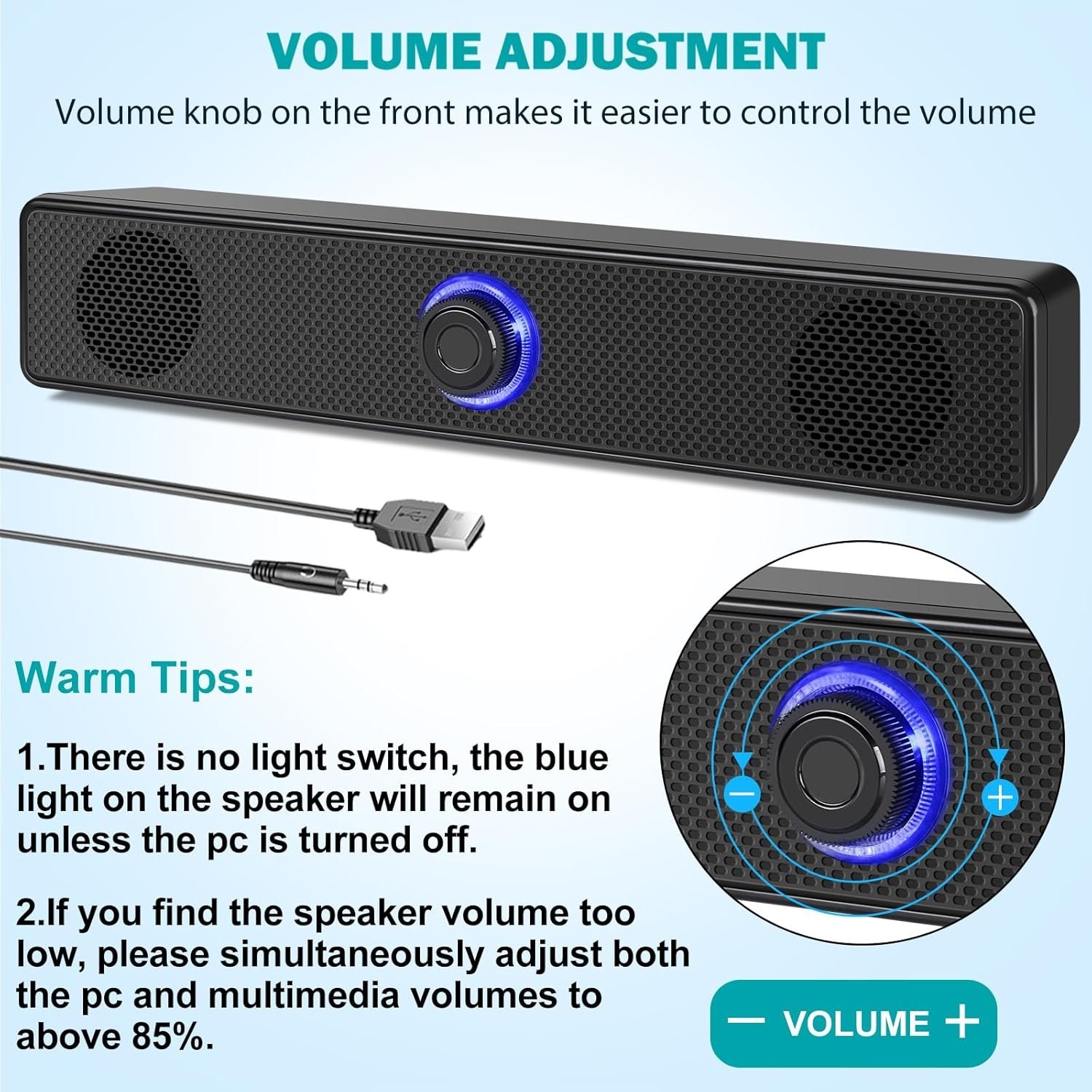 Plug and Play Wired Stereo Speakers with USB-A and AUX for Computers & Laptops