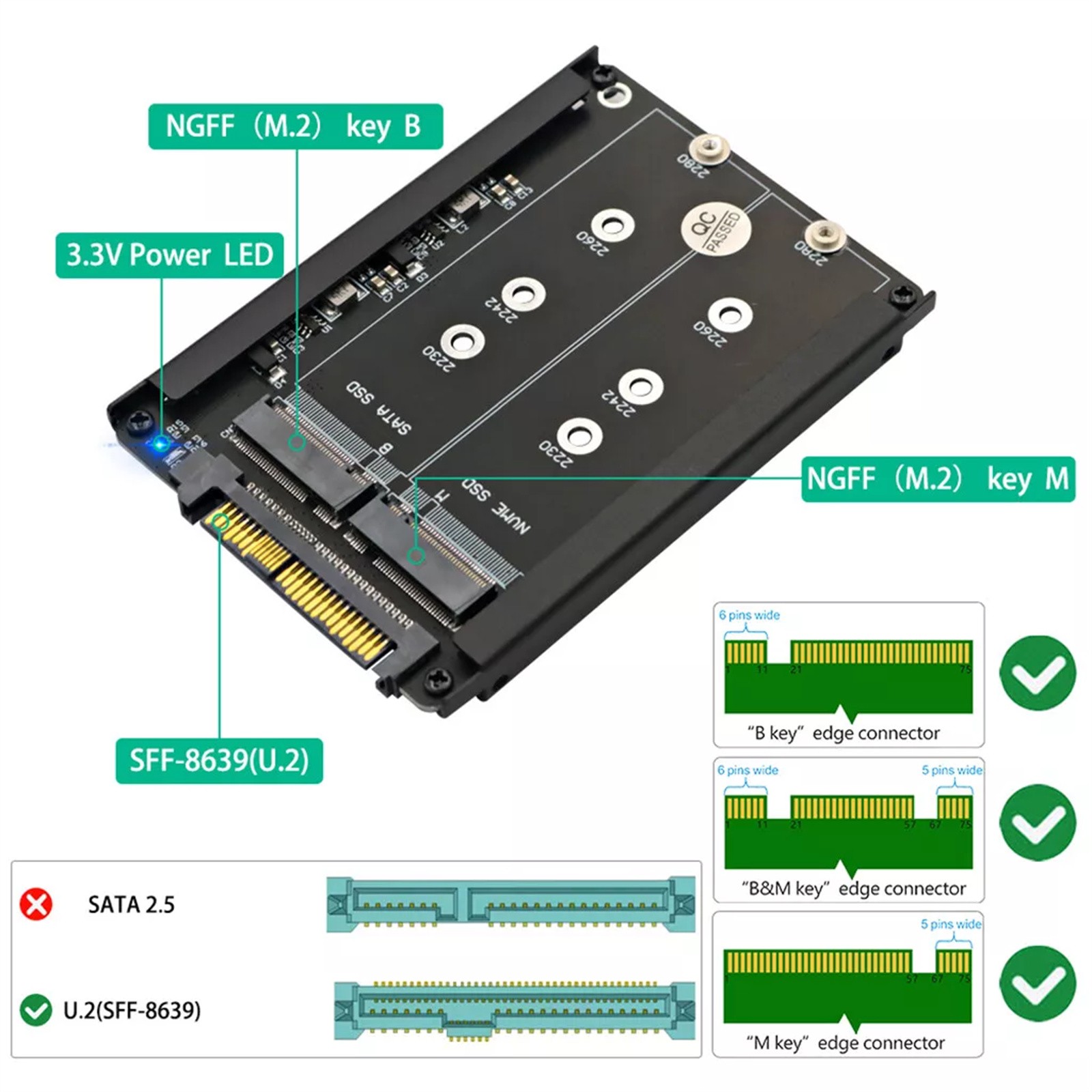 2 in 1Adapter Converter For M.2 NVME SATA SSD B Key/B&M Key SSD to SFF-8639 U.2