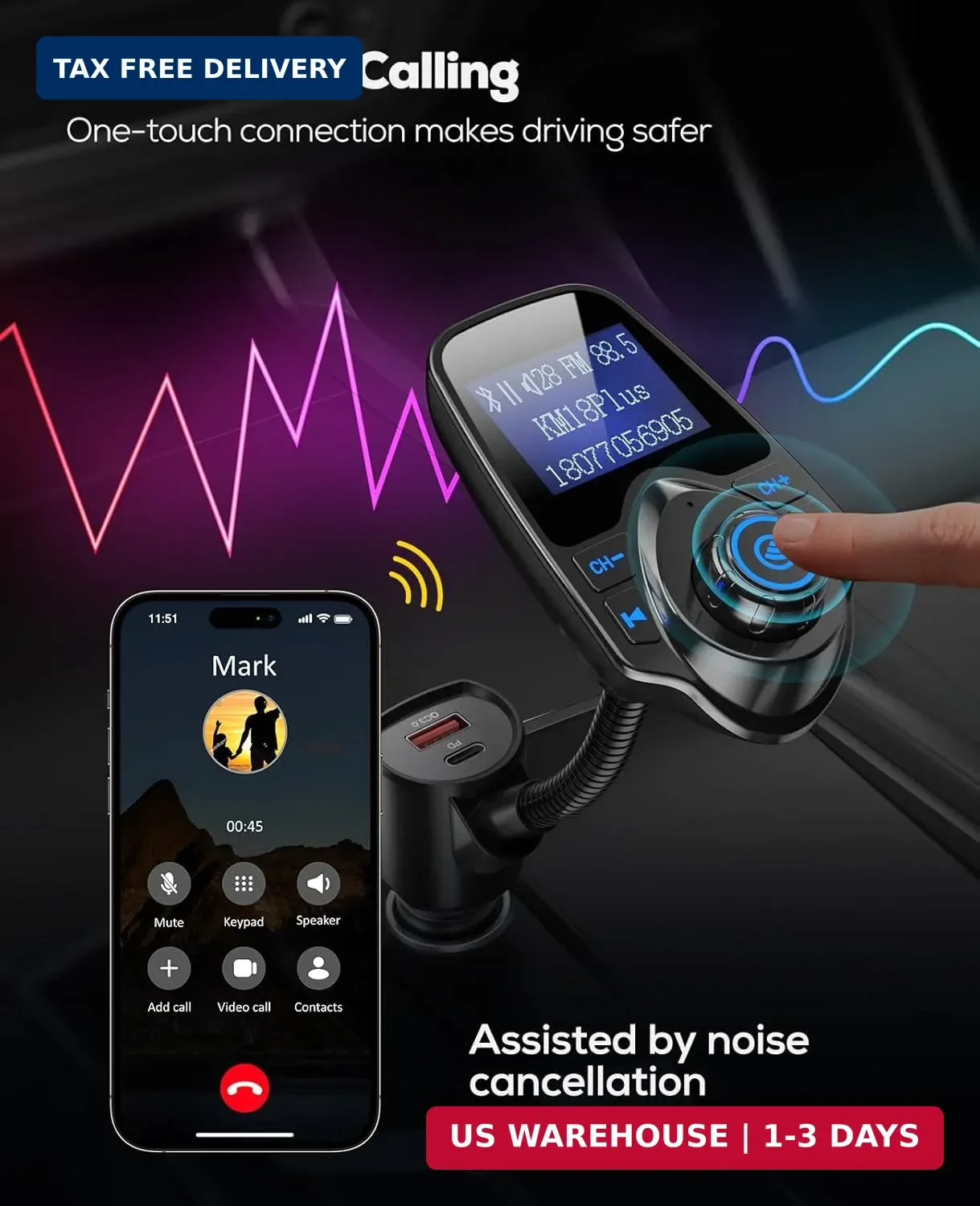 Nulaxy KM18 Plus Bluetooth 5.4 Car Adapter with 48W Fast Charging PD 30W & QC3.0
