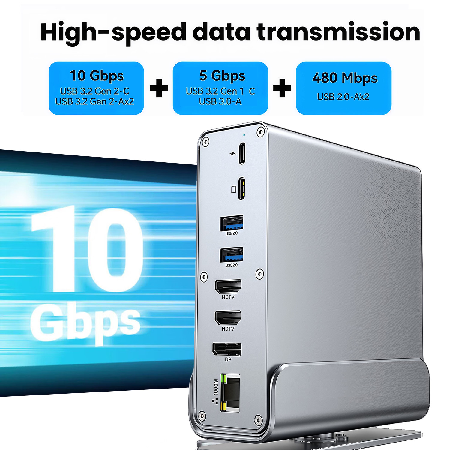 Vertical Type C 3 monitors Docking Station Dual HDMI 4K@60HZ USB 3.2 RJ45 1000M