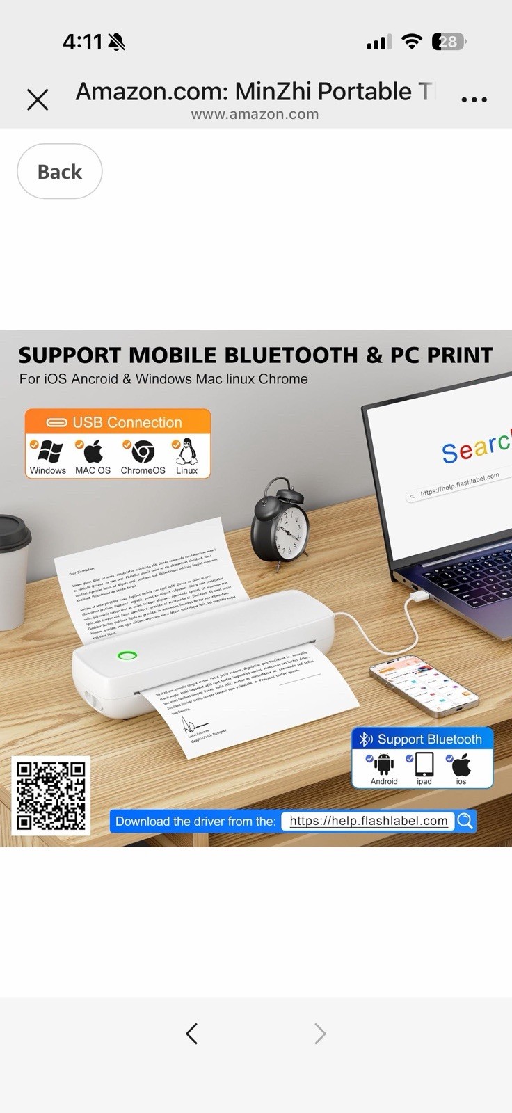 Portable Wireless Thermal Printer Inkless Travel Printer for Letter A4 A5 Paper