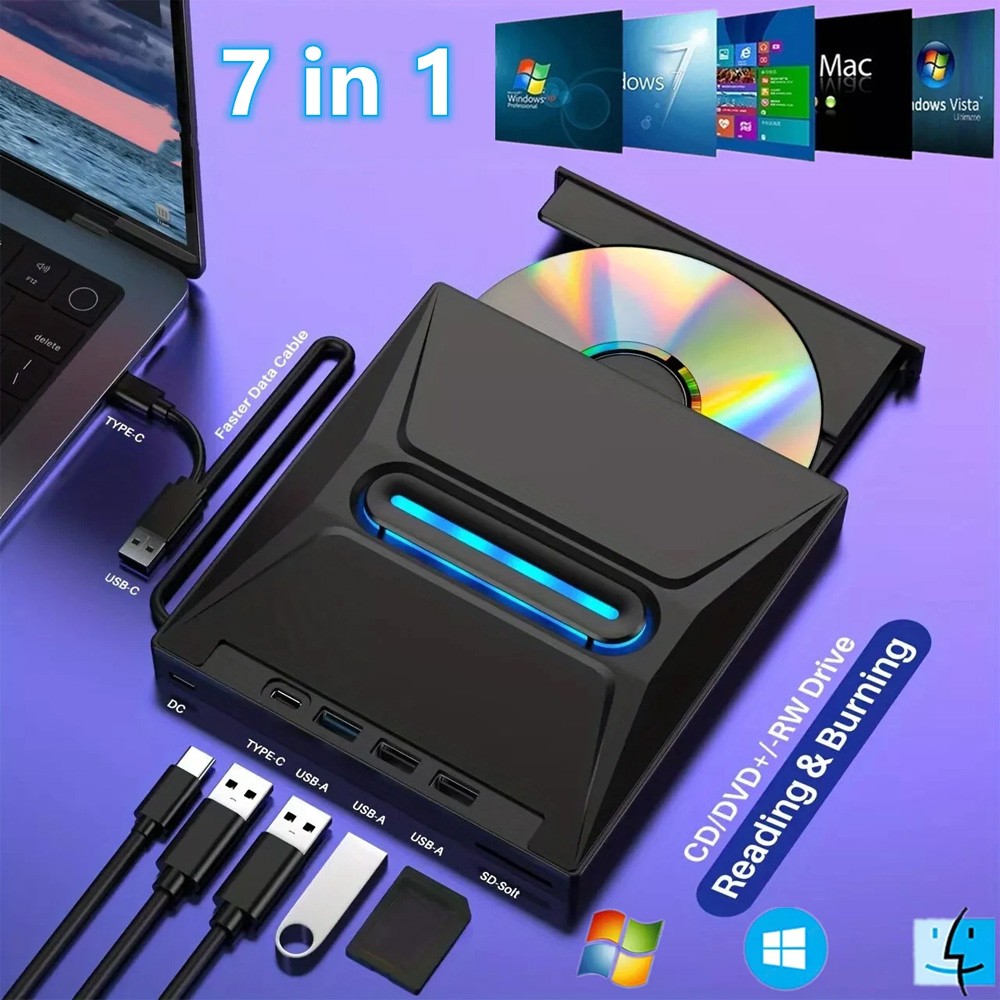 7-in-1 Slim External CD DVD Drive USB 3.0 Reader Writer Burner Player For Laptop