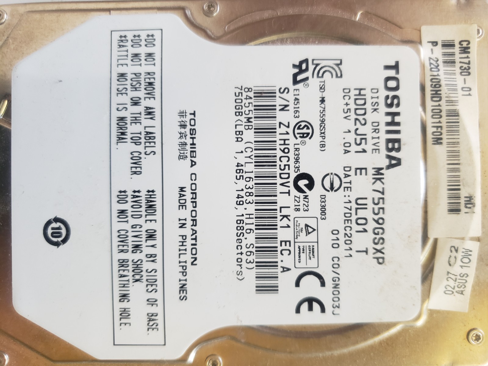 Toshiba 750GB MK7559GSXP HDD2J51 Z1H9C5DVT LK1 EC.A #18
