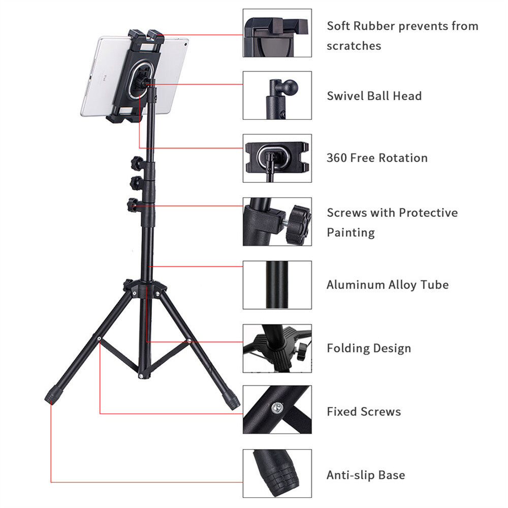 Adjustable Floor Tripod Stand Carrying Music Bracket for iPad 4.7-12.9″ Tablets