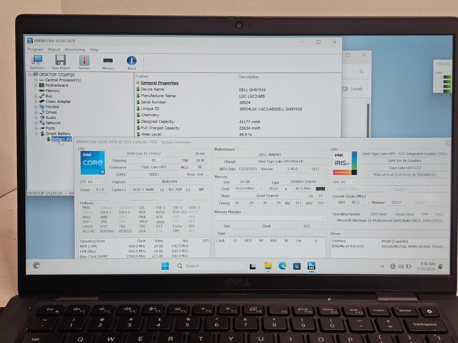 Dell Latitude 7420 i5-1145G7 16GB RAM 256GB SSD Win 11 NO AC #04