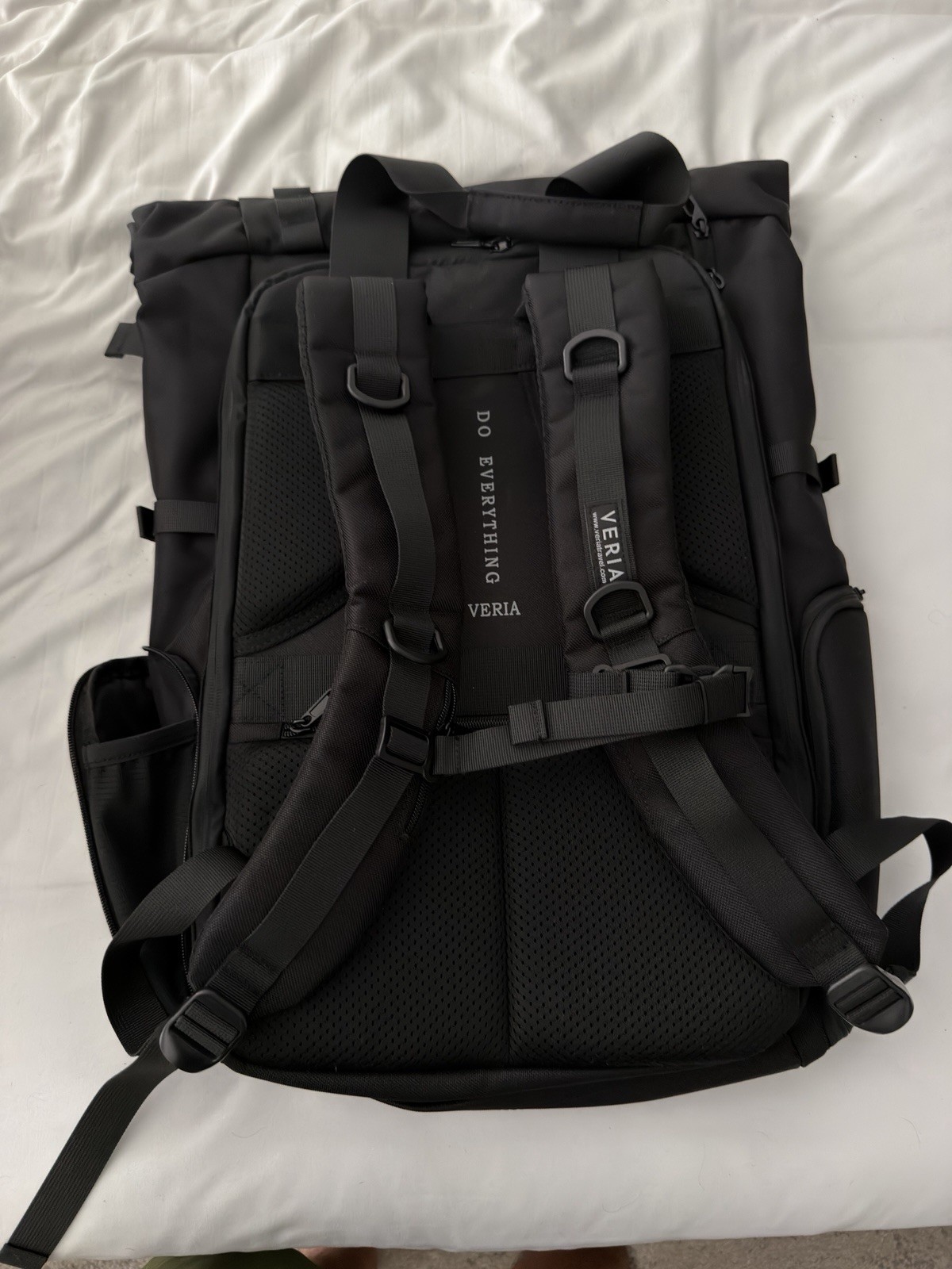 VERIA Black Roll-Top Nylon Laptop Backpack 15in, Padded Straps, Water Resistant